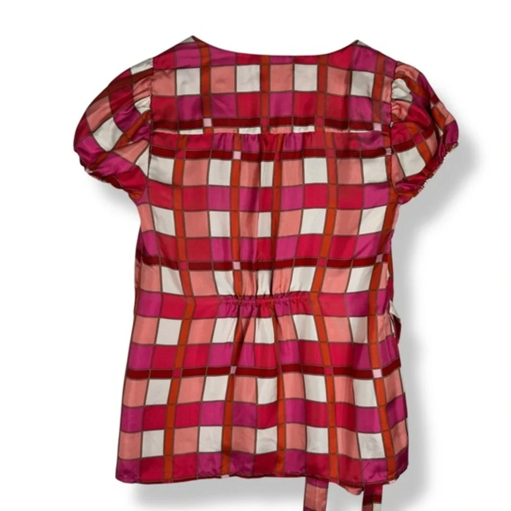 Banana Republic 100% Silk Wrap Top‎ Womens Size XS Y2K Retro Geometric Plaid